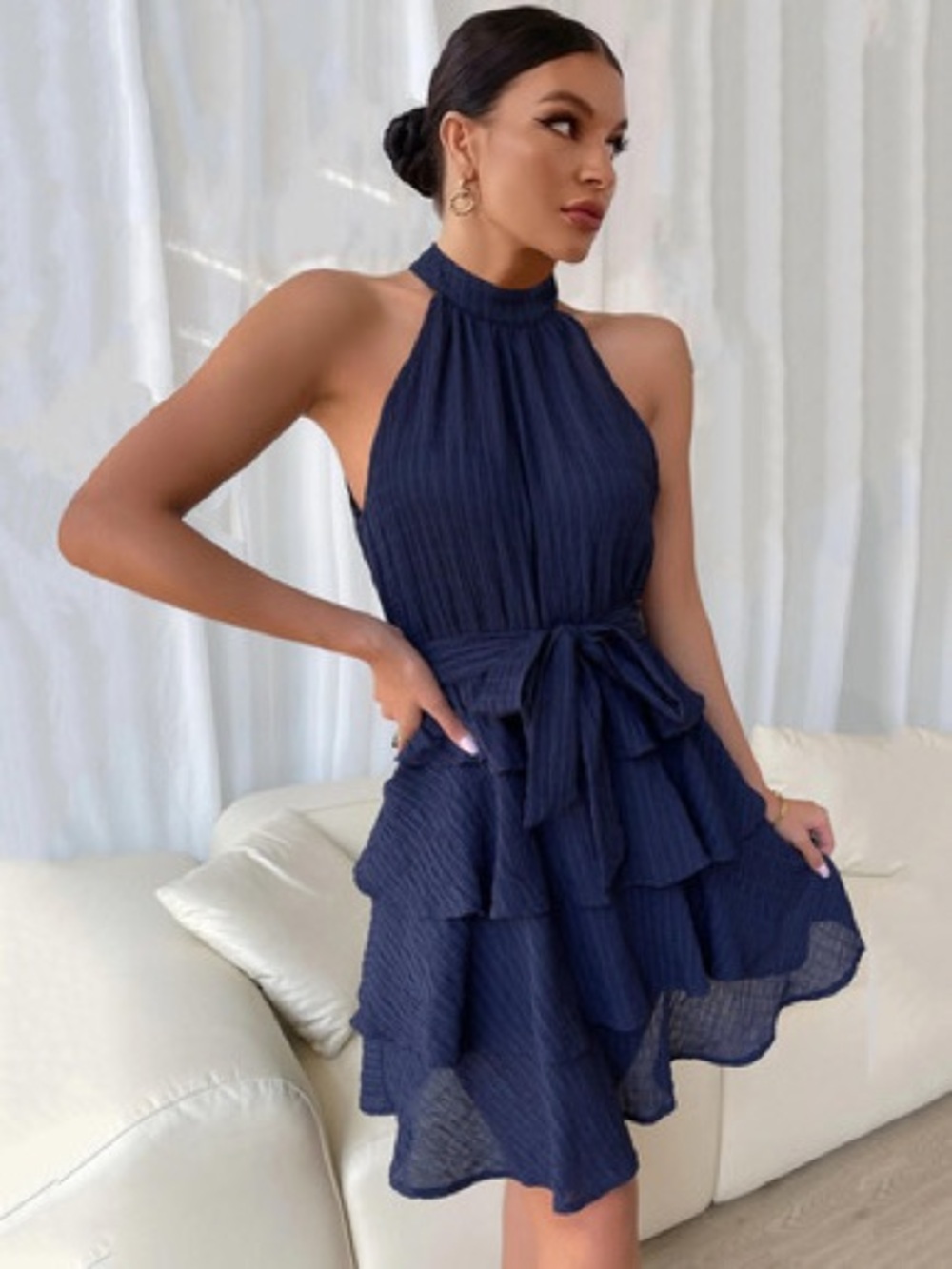 Market & Spruce Navy One-Shoulder Ruffled Midi Dress